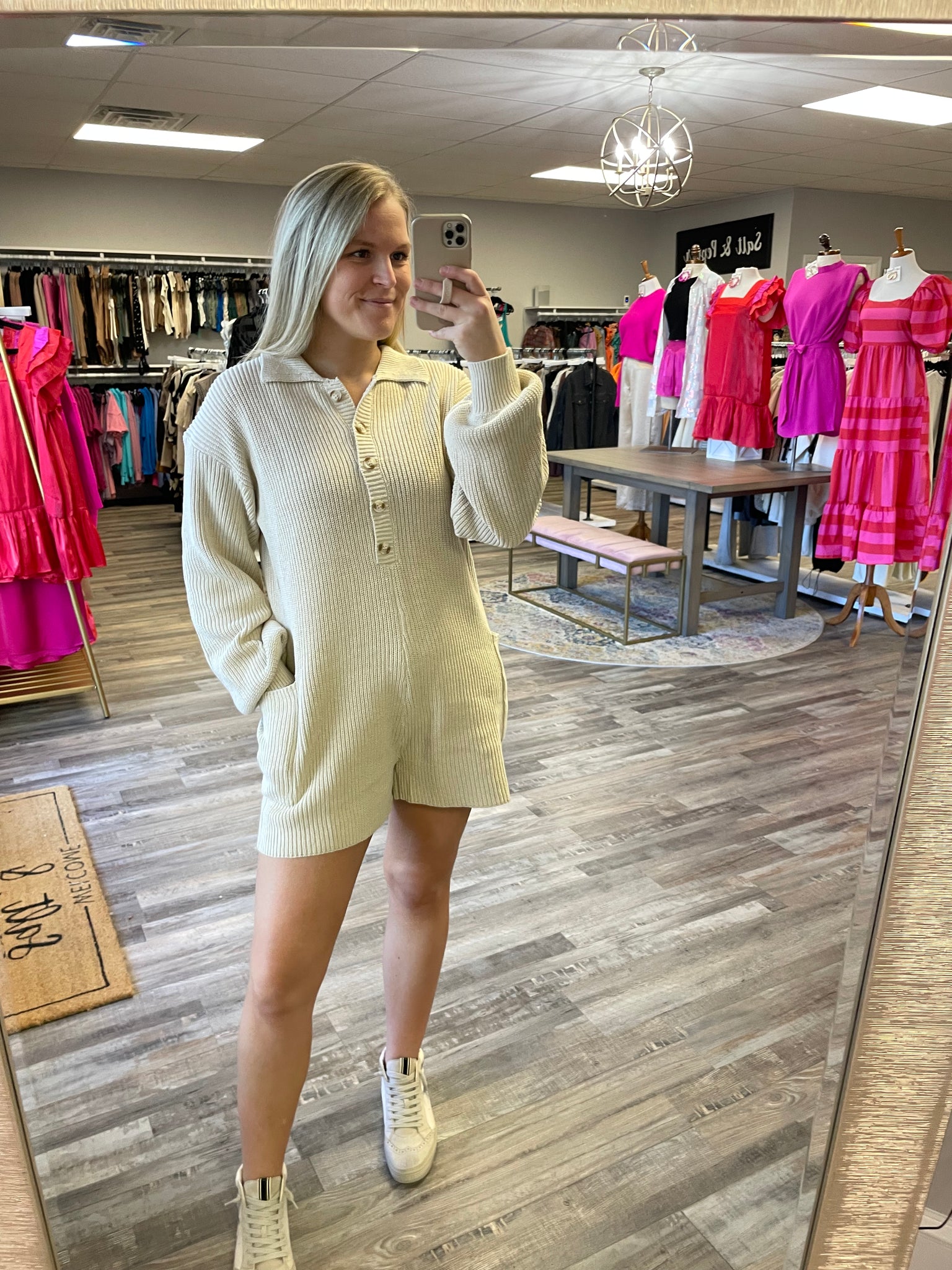 Button Up Long Sleeve Sweater Romper - Cream