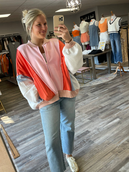 Colorblock Zip Up Jacket - Pink/Orange/Blue