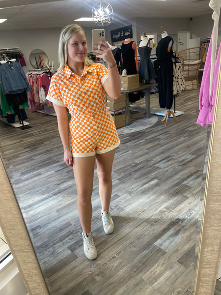 Checkerboard Romper - Orange/White