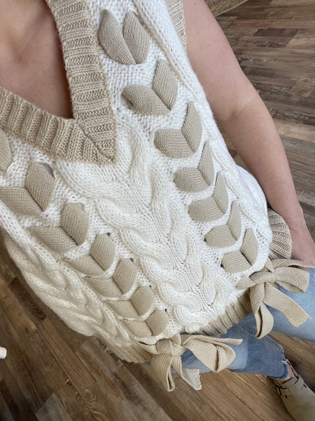 Lace Up Detail Sweater Vest - White/Taupe