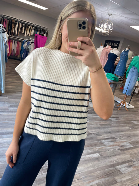 Short Sleeve Striped Knit Sweater - Navy