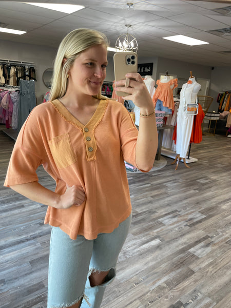 Woven Contrast V-Neck Short Sleeve - Coral