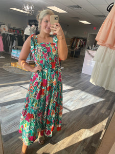 Smocked Floral Maxi Dress - Teal
