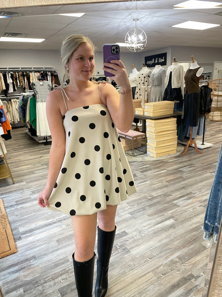 Polka Dot Bubble Hem Dress - Taupe/Black