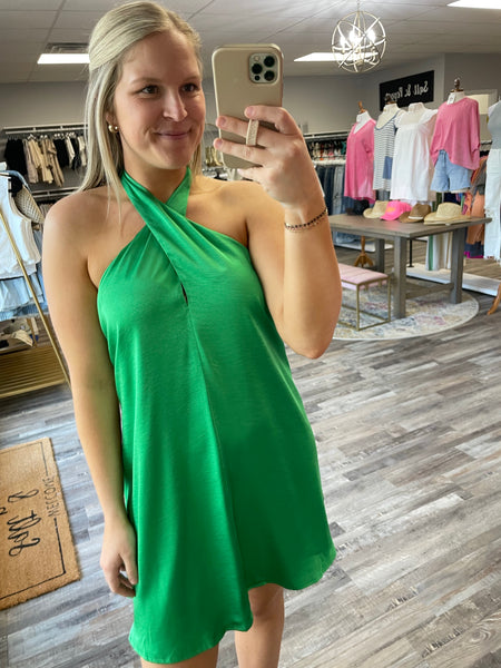 Satin Twist Halter Dress - Kelly Green