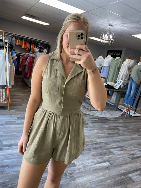 V-Neck Romper - Light Moss