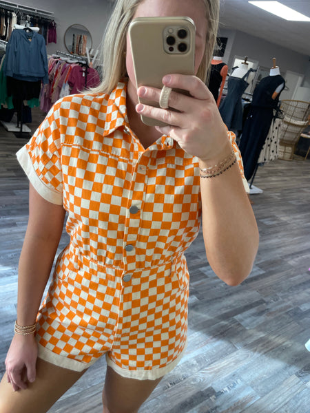 Checkerboard Romper - Orange/White