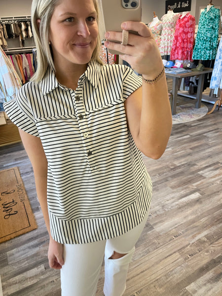 Striped Short Sleeve Henley Top - Off White