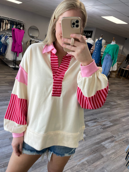 Color Block Striped Collared Pullover - Ecru