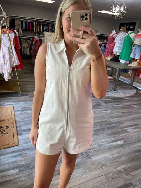 Sleeveless Zipper Denim Romper - Off White