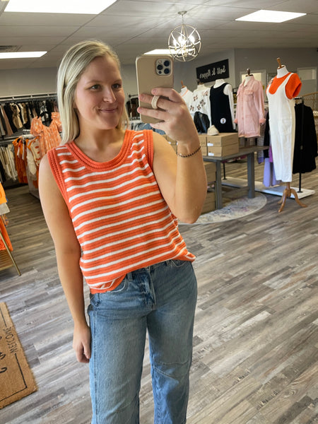 Striped Sweater Tank - Orange/White