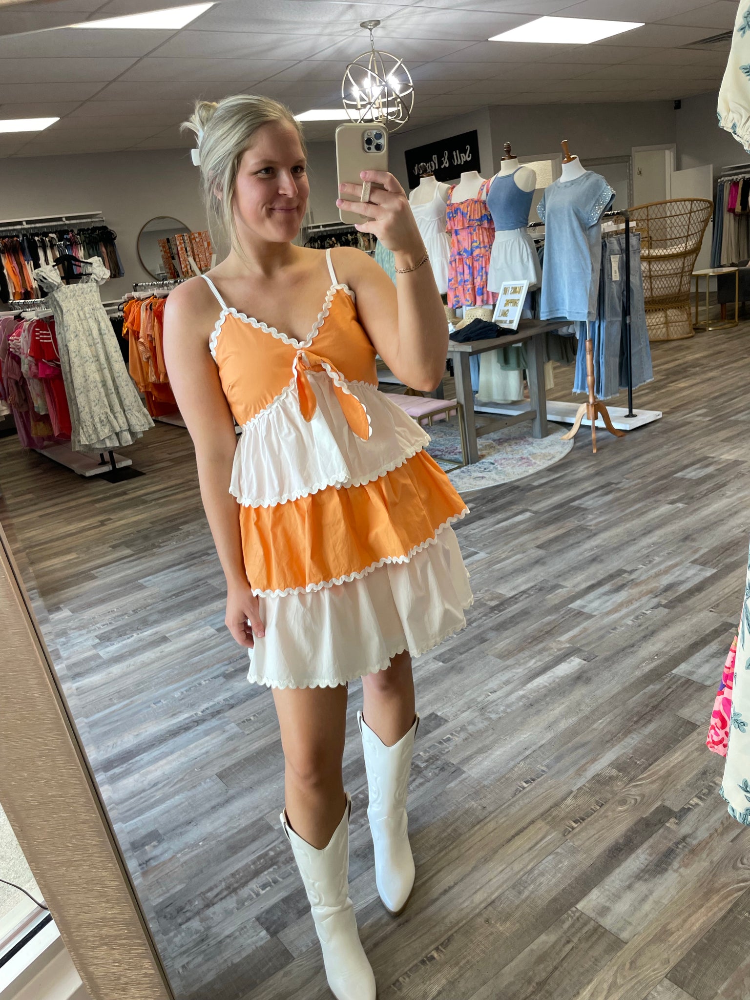 Contrast Tiered Dress - White/Orange