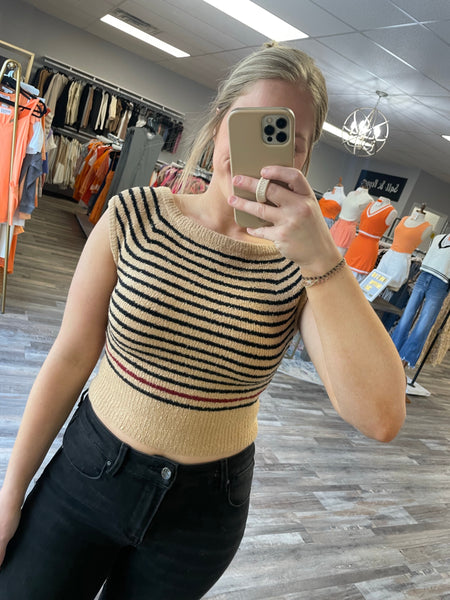 Cropped Striped Cap Sleeve Top - Tan/Black