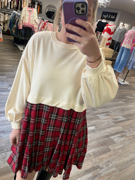 Twofer Sweatshirt & Plaid Skirt Dress - Ecru