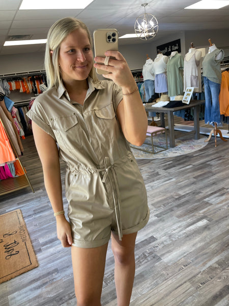 Leather Tie Waist Romper - Taupe