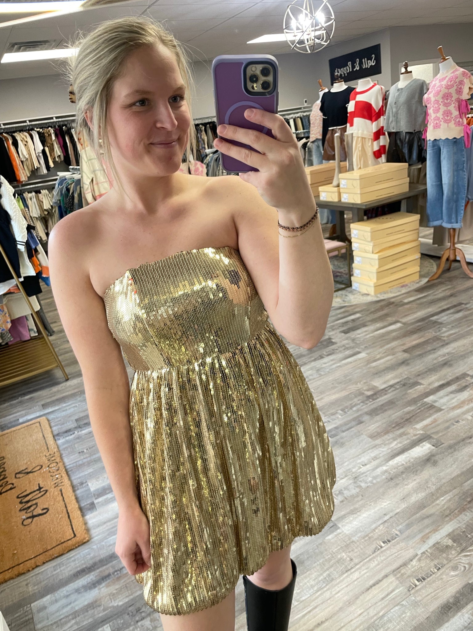 Strapless Bubble Hem Sequin Dress - Gold