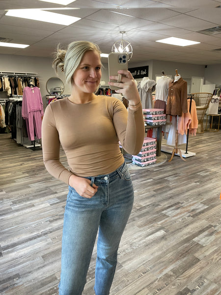 Long Sleeve Round Neck Top - Taupe