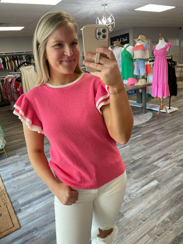 Ruffle Sleeve Sweater Top - Hot Pink