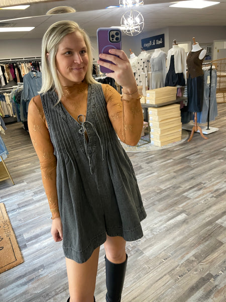 Pleated V-Neck Denim Romper - Grey