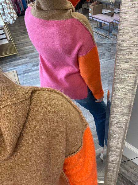 Color block Turtleneck Sweater - Pink/Orange