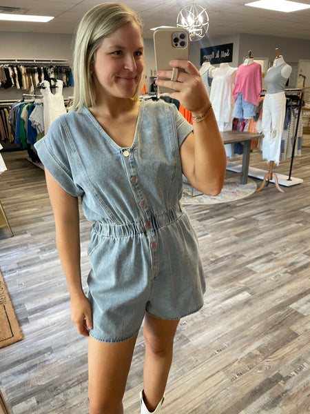 Button Down Denim Romper - Denim