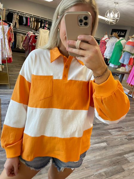 Striped Polo Style Long Sleeve - Orange/White