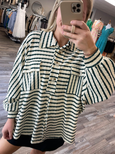 Striped French Terry Henley Top - Green