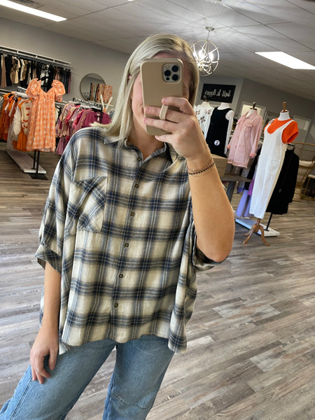 Oversized Plaid Button Down - Taupe