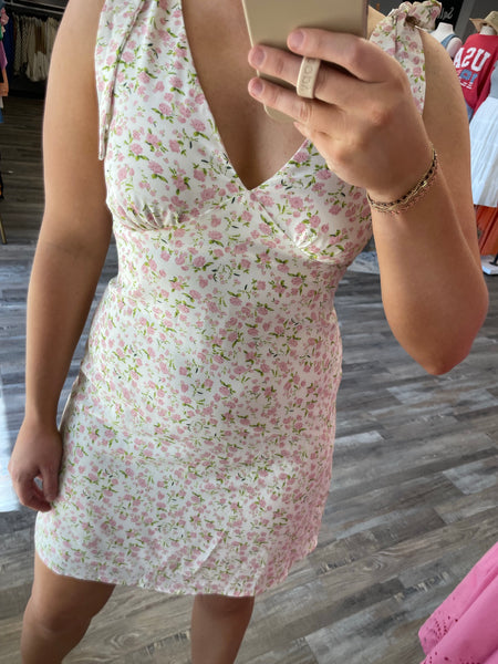 Floral V-Neck Mini Dress - White/Pink