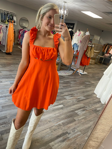 Puff Sleeveless Ruched Front Dress - Tangerine