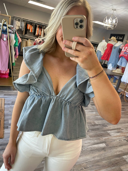 Tie Back Ruffle Sleeve Top - Light Denim