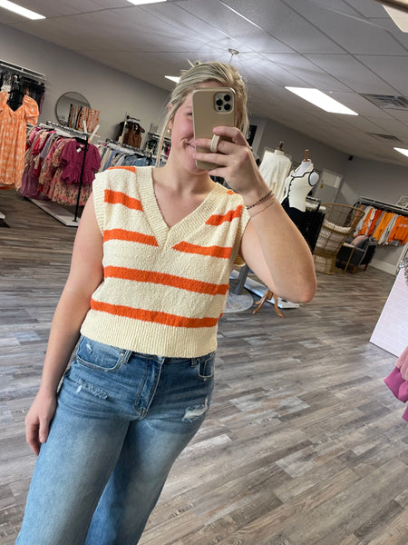 Striped V-neck Sweater Vest - Cream/Orange