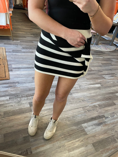 Striped Wrap Mini Skirt - Black/White