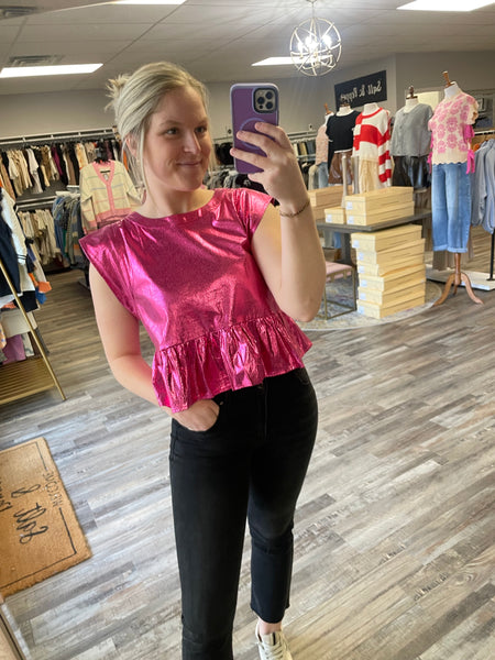 Metallic Peplum Hem Top - Pink