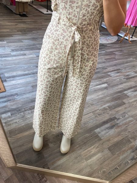 Floral Ruffle Jumpsuit - Cream/Pink