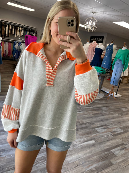 French Terry Collared Top - Grey/Orange