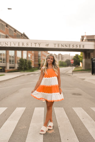 Tie Strap Rick Rack Trim Dress - Orange/White