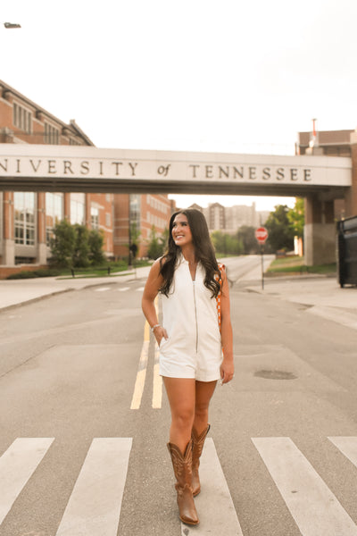 Sleeveless Zipper Denim Romper - Off White