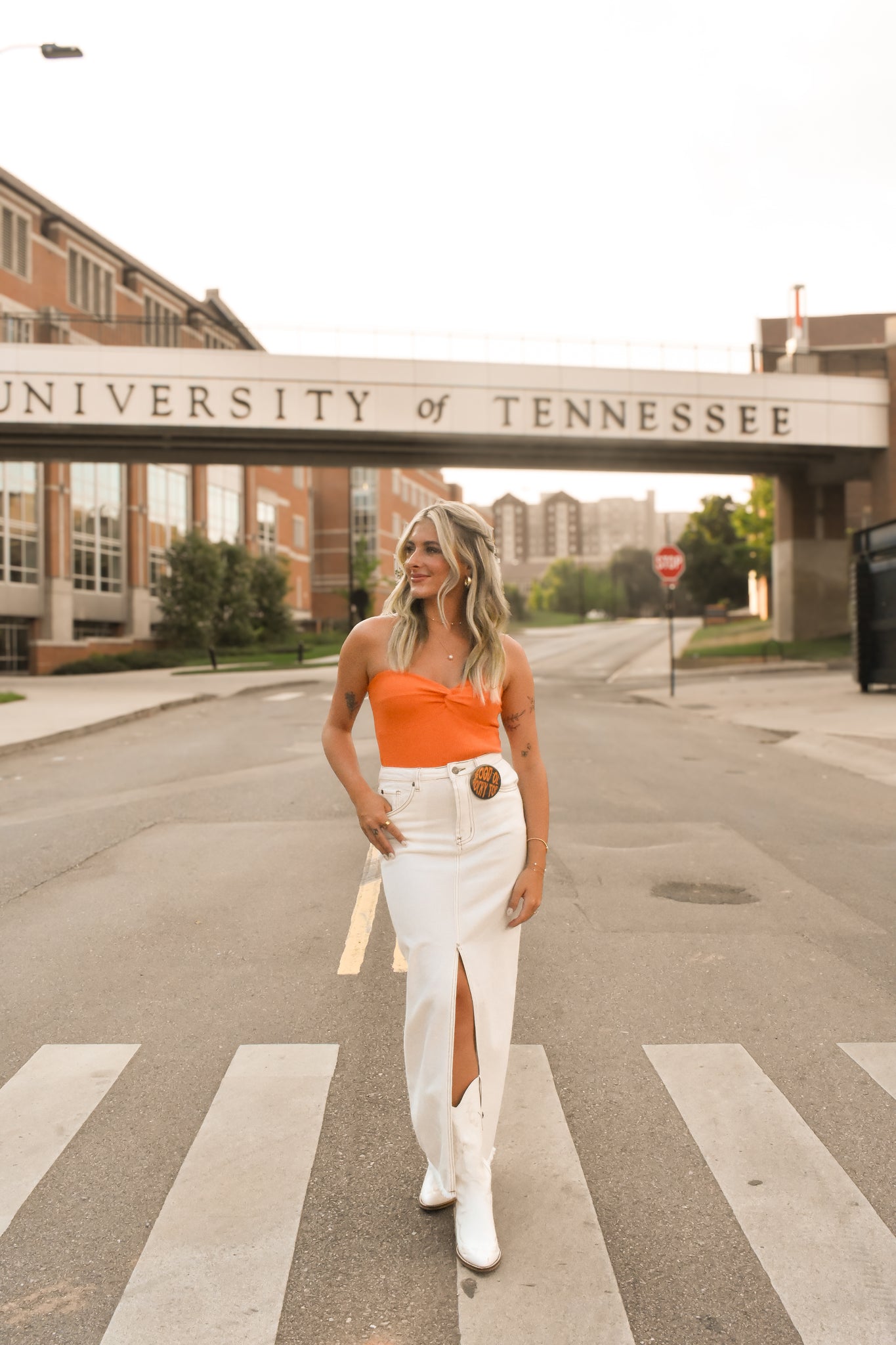 Front Slit Midi Denim Skirt - White