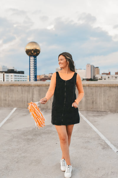 Front Zip Denim Dress - Washed Black