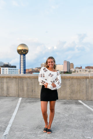 Checkerboard Football Sequin Bow Pullover - White