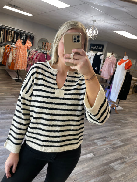 Stripe Split Neck Sweater - Cream