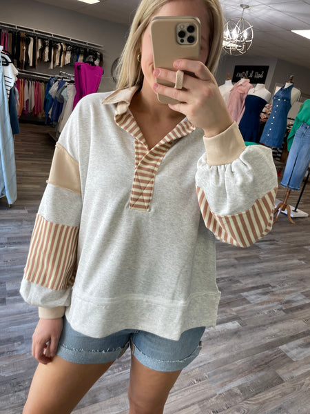 Color Block Striped Collared Pullover - Grey/Tan