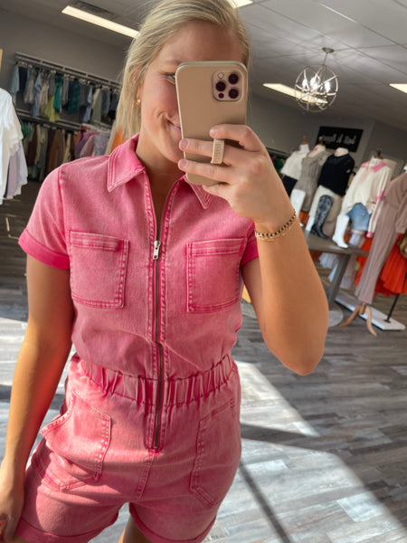 Utility Zip Up Romper - Pink
