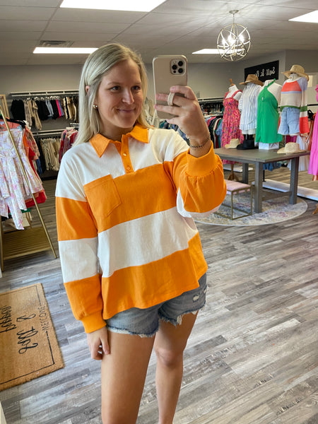 Striped Polo Style Long Sleeve - Orange/White