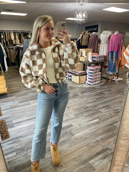 Checkered Teddy Full Zip Jacket - Taupe