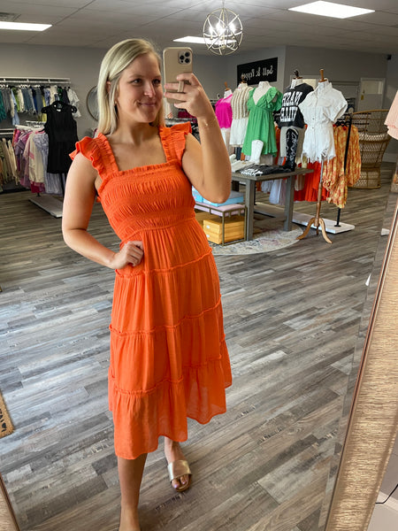 Ruffle Strap Tiered Midi Dress - Orange