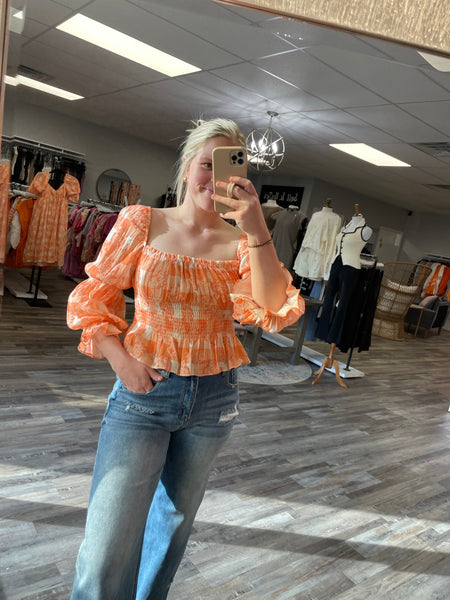 Gingham Print Bubble Sleeve Top - Orange