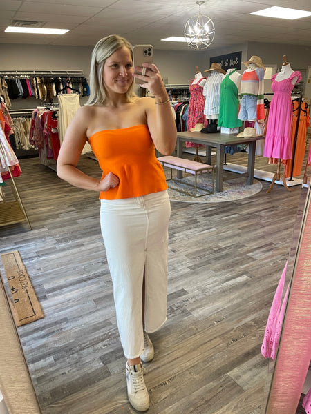 Strapless Knit Peplum Top - Orange