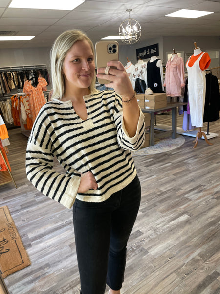 Stripe Split Neck Sweater - Cream